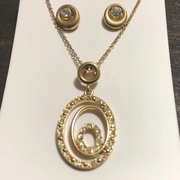 Oval Pendant Necklace & Circle Earring Set Gold Tone - Picture 2 of 7
